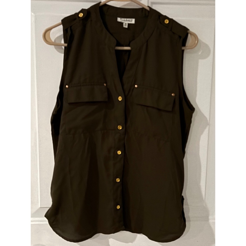Mileage Olive Green Sleeveless Blouse Top Gold Accents Button Down Medium‎